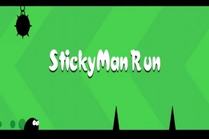 Zöld háttér előtt StickyMan Run felirat, alul tüskék és egy kis fekete figura látható