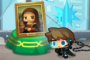 Rajzfilmszerű karakter headsettel és fekete öltözékben egy Mona Lisa festmény előtt áll, egy betört üvegablak mellett
