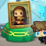 Rajzfilmszerű karakter headsettel és fekete öltözékben egy Mona Lisa festmény előtt áll, egy betört üvegablak mellett