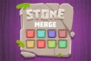 Kőlapra vésett Stone Merge felirat alatt színes, négyzet alakú elemek láthatóak lila háttérrel