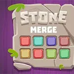 Kőlapra vésett Stone Merge felirat alatt színes, négyzet alakú elemek láthatóak lila háttérrel