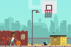 Pixeles, városi jelenet kosárlabdapályával, kerékpár mellett álló fiúval és egy macskával a háttérben