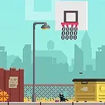 Pixeles, városi jelenet kosárlabdapályával, kerékpár mellett álló fiúval és egy macskával a háttérben