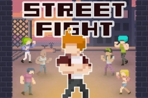 Egy pixel art stílusú, utcai harcot ábrázoló kép középen egy karakterrel és több figurával a háttérben