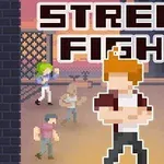 Egy pixel art stílusú, utcai harcot ábrázoló kép középen egy karakterrel és több figurával a háttérben