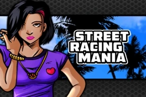 Egy rajzolt nő lila pólóban és ékszerekkel egy pálmafás háttér előtt, mellette a „Street Racing Mania” felirat