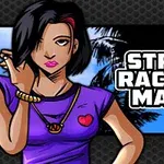 Egy rajzolt nő lila pólóban és ékszerekkel egy pálmafás háttér előtt, mellette a „Street Racing Mania” felirat