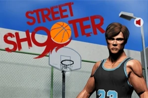 Egy kosaras mezben álló férfi streetball pályán, háttérben egy kosárpalánk, a Street Shooter felirattal