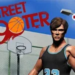 Egy kosaras mezben álló férfi streetball pályán, háttérben egy kosárpalánk, a Street Shooter felirattal