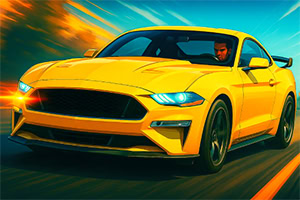 Sárga sportautó száguld az úton, férfi sofőrrel a volánnál, dinamikus mozgást sugalló háttérrel