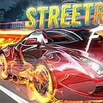 Piros sportautó lángoló hatásokkal, mögötte a STREETRACE FURY szöveggel éjszakai városi háttérrel