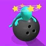 Egy kék figura egy fekete bowling golyón ül, körülötte sárga csillagok lebegnek lila háttérrel