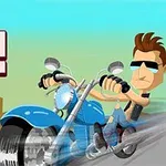 Egy rajzfilmszerű motoros, napszemüveget viselve, kék motorral hajt, háttérben városi árnyképpel és Stud Rider felirattal