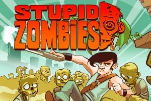 Egy rajzolt karakter fegyverrel harcol zombik ellen, zombi arcok és narancssárga felirat a háttérben