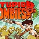 Egy rajzolt karakter fegyverrel harcol zombik ellen, zombi arcok és narancssárga felirat a háttérben