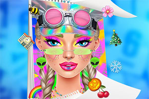 A képen egy élénk színekben pompázó fiatal nő arca látható, futurisztikus szemüveggel és szokatlan, játékos kiegészítőkkel