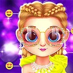 Rajzfilmfigura nagy csillogó szemekkel, díszes szemüveggel, fonott hajjal és élénk mosollyal, lila háttérrel és szívszemű emojikkal körülvéve