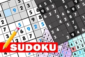 Sudoku rejtvények különböző színű háttérrel és egy ceruza
