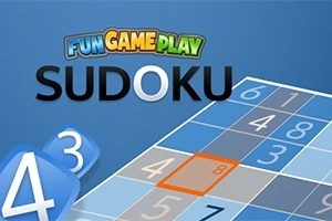 Kék sudoku táblázat, középen narancssárga kiemeléssel és a Fun Game Play Sudoku felirattal