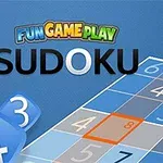 Kék sudoku táblázat, középen narancssárga kiemeléssel és a Fun Game Play Sudoku felirattal