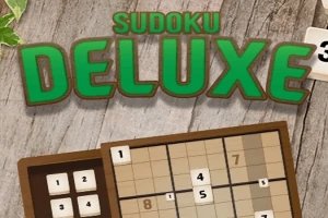 Fa hatású háttér előtt zöld és barna betűkkel írt Sudoku Deluxe felirat, egy részben kitöltött táblával