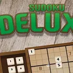 Fa hatású háttér előtt zöld és barna betűkkel írt Sudoku Deluxe felirat, egy részben kitöltött táblával