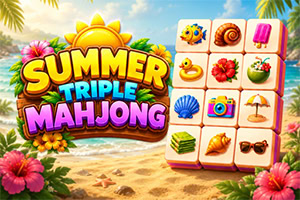 Trópusi tengerparton virágokkal körülvett „Summer Triple Mahjong felirat és gyümölcsös, nyári tárgyakat ábrázoló csempék