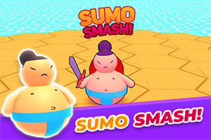Két rajzfilmszerű, kék öltözéket viselő sumó figurát ábrázol színes, geometrikus háttér előtt, Sumo Smash!