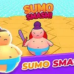 Két rajzfilmszerű, kék öltözéket viselő sumó figurát ábrázol színes, geometrikus háttér előtt, Sumo Smash!