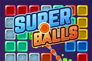 Színes négyzetek és golyók, amelyek körül a SUPER BALLS logó jelenik meg élénk színekben