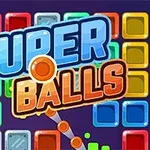Színes négyzetek és golyók, amelyek körül a SUPER BALLS logó jelenik meg élénk színekben