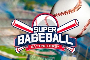 Baseball-labda és ütők által keretezett Super Baseball Batting Derby felirat színes háttérrel