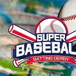 Baseball-labda és ütők által keretezett Super Baseball Batting Derby felirat színes háttérrel