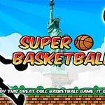 Sziluett egy kosárlabdázóról, aki dobást végez, a háttérben a Szabadság-szoborral, kosárlabdákkal és kosárral, valamint Super Basketball felirattal