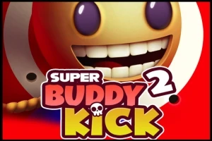 Mosolygós, hatalmas szemű figura nagy fogakkal, piros háttérben, a Super Buddy Kick 2 felirattal