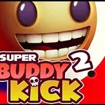 Mosolygós, hatalmas szemű figura nagy fogakkal, piros háttérben, a Super Buddy Kick 2 felirattal
