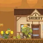 Egy rajzfilmfigurás cowboy lövöldözik a sivatagban aranyakat gyűjtve, miközben szembejönnek vele zöld szörnyek a seriff irodája előtt