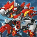 Egy robot dinoszaurusz piros-fehér színekben, mechanikus elemekkel és tüskés farkával