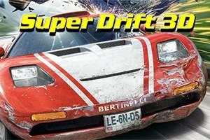 Super Drift 3D Egy piros sportautó száguldás közben, a karosszéria horpadásai és feliratok a tetején