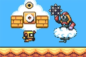 Egy pixeles, rajzfilmszerű figura ugrik a levegőben, miközben egy felhőn ülő ellenség buzogányt tart egy kék háttér előtt