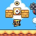 Egy pixeles, rajzfilmszerű figura ugrik a levegőben, miközben egy felhőn ülő ellenség buzogányt tart egy kék háttér előtt