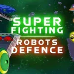 Színes robotok és űrhajók találhatók egy zöld háttér előtt lebegve, középen pedig a Super Fighting Robots Defence felirat látható