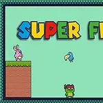 Színes SUPER FROG felirat egy zöld háttér előtt, két karakterrel a platformokon, középen egy béka és egy madár látható