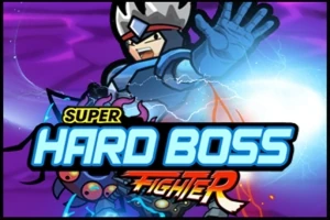 Rajzolt karakter páncélban, kinyújtott kézzel, villámokkal és fénygömbbel körülvéve, alatta Super Hard Boss Fighter felirattal
