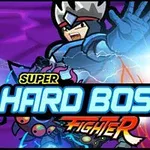 Rajzolt karakter páncélban, kinyújtott kézzel, villámokkal és fénygömbbel körülvéve, alatta Super Hard Boss Fighter felirattal