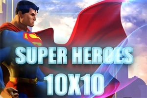 Szuperhős piros köpennyel, kék és piros öltözékben, felhők előtti megvilágított háttérrel, nagy SUPER HEROES 10X10 felirattal az előtérben