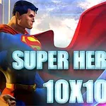 Szuperhős piros köpennyel, kék és piros öltözékben, felhők előtti megvilágított háttérrel, nagy SUPER HEROES 10X10 felirattal az előtérben