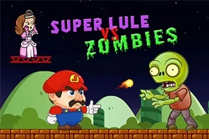Egy rajzfilmszerű karakter piros sapkában és overallban lánggolyót dob egy zombi felé éjszakai háttérrel, a háttérben pedig egy szőke hajú hercegnő áll egy platformon
