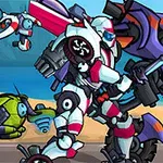 Egy futurisztikus fegyveres robot harcol más gépekkel egy tengerparti helyszínen