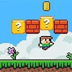 Egy pixelgrafikájú figurát ábrázolnak, amely egy zöld cső melletti platform felett ugrik, kérdőjeles téglalapokkal és egy érmével a levegőben